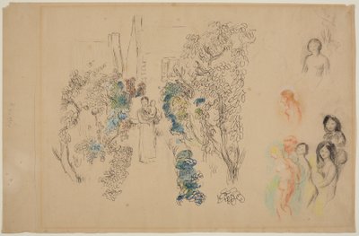 Krajina a postavy (tužka, inkoust, wc a pastelka na papíře) od Pierre Auguste Renoir