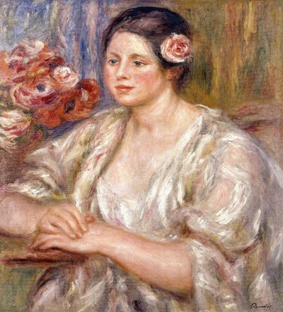 Madeleine v bílé halence a kytici květin, c.1915-1919 od Pierre Auguste Renoir