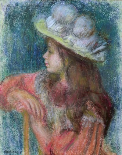 Sedící mladá dívka v bílém klobouku, 1884 (pastel na papíře) od Pierre Auguste Renoir