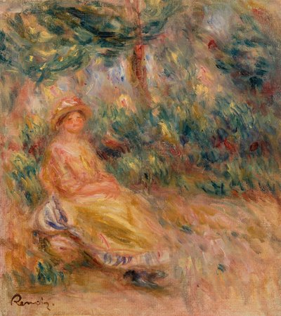 Žena v růžové a žluté v krajině od Pierre Auguste Renoir