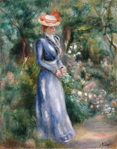Žena v modrých šatech stojící v zahradě v Saint-Cloud od Pierre-Auguste Renoir