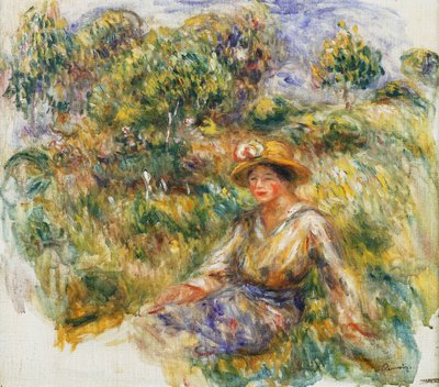 Žena v modrém klobouku sedí na trávě; Žena v modrém v klobouku sedící na trávě, c.1916 od Pierre Auguste Renoir