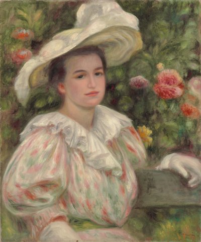 Mladá dívka mezi květinami nebo žena s bílým kloboukem; Mladá dívka ve zlatých květech Žena v bílém klobouku, c.1895 od Pierre Auguste Renoir
