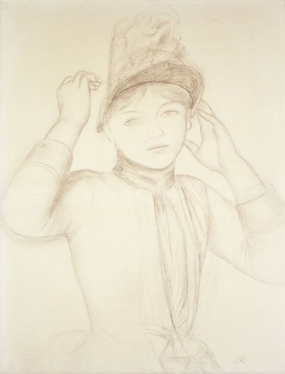 Mladá žena uspořádání její klobouk; Mladá dívka si upravuje klobouk, kolem roku 1885 od Pierre Auguste Renoir