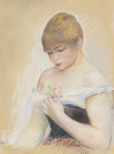 Mladá žena Drží Květinu. Portrét herečky Jeanne Samary, c. 1880 od Pierre Auguste Renoir
