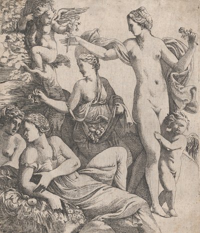 Venuši, stojící se třemi Gráciemi, je nabídnuta květina z putta, 1607-61. od Pierre Biard