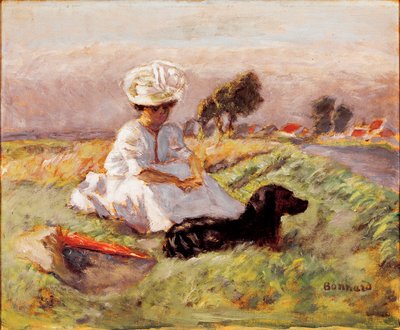 Madame Bonnard Malířova žena sedí ve střetu se svým psem. Obraz Pierre Bonnard od Pierre Bonnard
