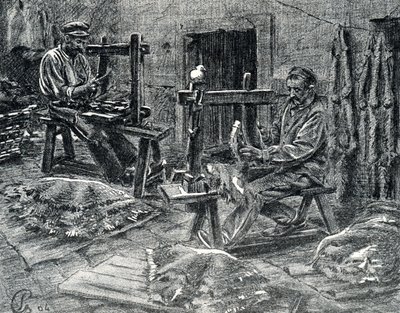 Řemeslníci pletí ovčí kůže Rytina z „Excursion a travers les metiers“ od Pierre Calmette Private Collection od Pierre Calmettes