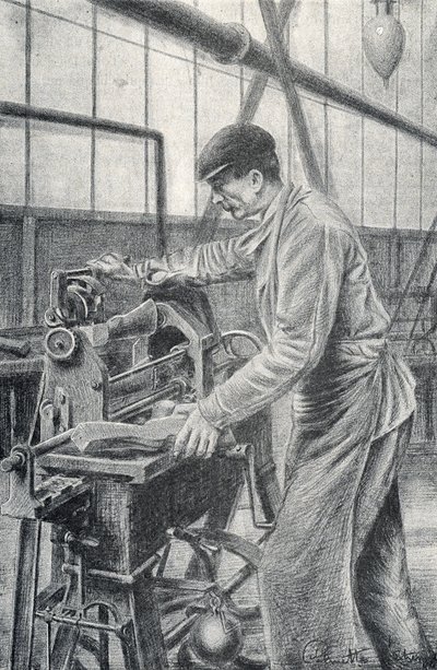 Řezání pažb v továrně na zbraně Gravírování ze soukromé sbírky Pierre Calmette od Pierre Calmettes
