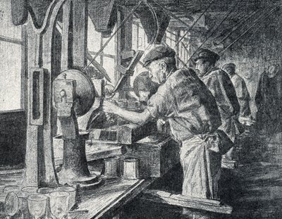 Leikkauspaja kristallilasin valmistuksessa Sevresissä lähellä Pariisia Kaiverrus Pierre Calmetten yksityiskokoelmasta "Excursion a travers les metiers" od Pierre Calmettes