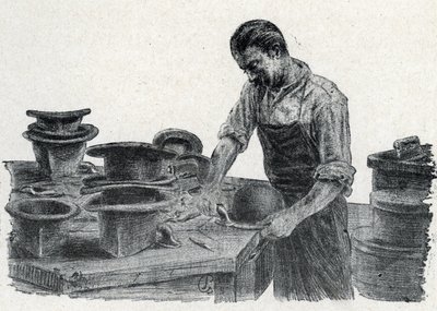 Hatuntekijä: keilahatun reunojen silloittaminen (keilahatun tekeminen) Kaiverrus piirretty Pierre Calmetten yksityiskokoelman "Excursion through the trades" -julkaisusta od Pierre Calmettes