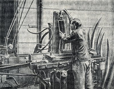 Norsunluukäsityöläinen leikkaa norsun hampaat Kaiverrus Pierre Calmetten yksityiskokoelmasta "Excursion a travers les metiers" od Pierre Calmettes