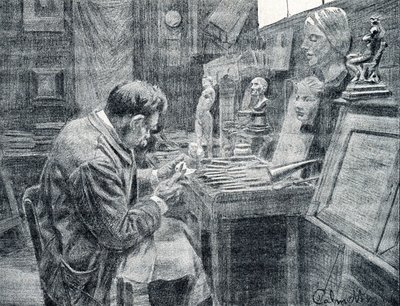 Dělník ze slonoviny vyřezává slonovinu dláty, škrabkami a dlabami Rytina z „Excursion a travers les metiers“ od Pierre Calmette Private Collection od Pierre Calmettes