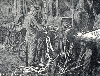 Kožedělný průmysl: mechanické sekání kožešin Rytina z „Excursion a travers les metiers“ od Pierre Calmette Private Collection od Pierre Calmettes