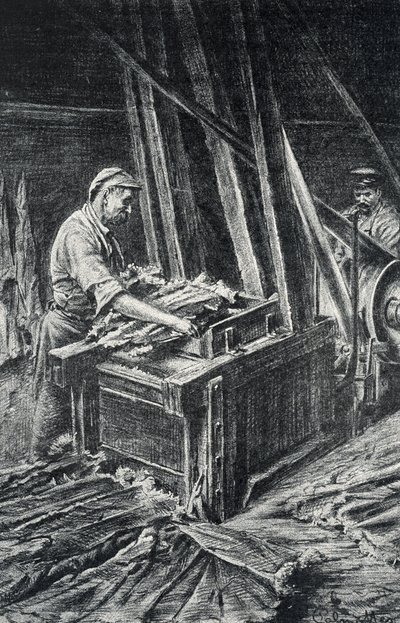 Peausserie, le corroyage: nahkatyöt, eläinten nahkojen pehmennys täydellisemmässä kaiverruksessa Pierre Calmette Collection priveeltä od Pierre Calmettes