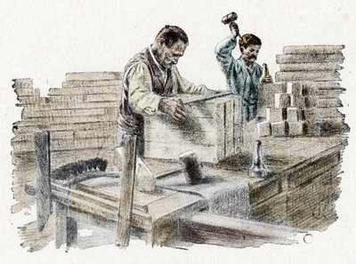 Savonnerie: řezání mýdlových chlebů (výroba kostek mýdla) Rytina z „Exkurze po řemeslech“ od Pierre Calmette Private Collection od Pierre Calmettes