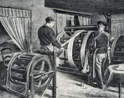 Práce na hedvábí: rozvinutí rytiny na hedvábí z „Excursion a travers les metiers“ od Pierre Calmette Private Collection od Pierre Calmettes