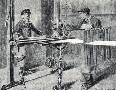 Hedvábná dílna: příprava řetízku u složky (Hedvábná práce) Rytina z „Exkurze po metierech“ od Pierre Calmette Private Collection od Pierre Calmettes