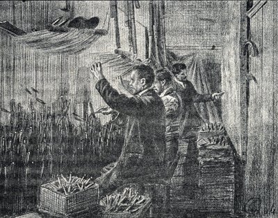 Tapiserie z Aubussonu: čalouníci pracují vzhůru nohama Rytina z „Excursion a travers les metiers“ od Pierre Calmette Collection privee od Pierre Calmettes