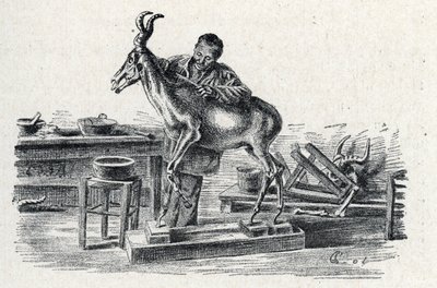 Preparování zvířat: Preparování zvířat vycpaných hartebeest ve své dílně Engraving from Excursion a travers les metiers“ od Pierre Calmette Collection privee od Pierre Calmettes