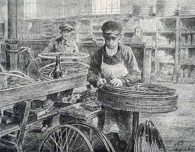 Dělníci připevňující paprsky k ráfkům jízdního kola při jeho výrobě (výroba jízdních kol) Rytina ze soukromé sbírky Pierre Calmette od Pierre Calmettes