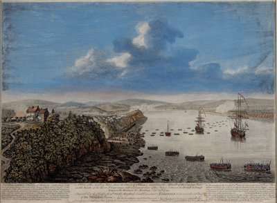Pohled na místo přistání nad městem Quebec popisující útok...na Hauteurs DE Abraham 13. září 1759, kolem roku 1760 od Pierre Charles Canot