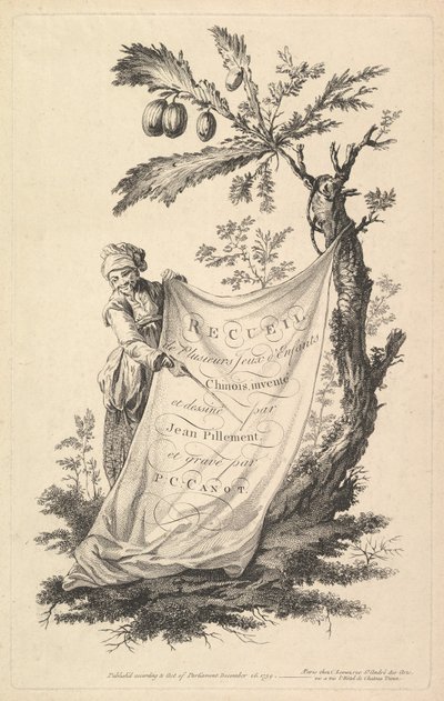 Titulní strana: usměvavý muž drží roh látky přivázaný k fíkovníku a ukazuje s..., 1759. od Pierre Charles Canot
