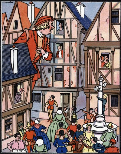 Obr Gargantua v ulicích Chinon Ilustrace Pierra Cousellese (zemřel 1938) z „Gargantua“ od Francoise Rabelaise od Pierre Courselles