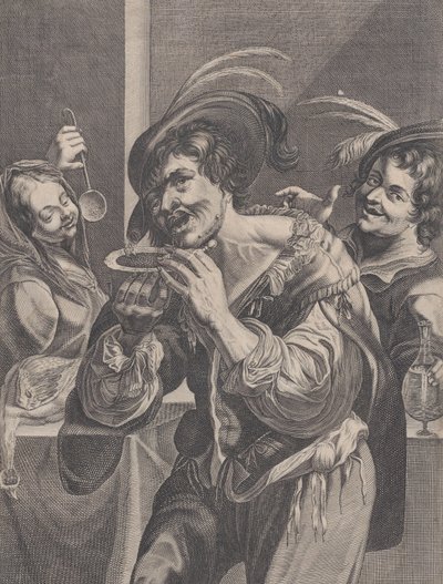 Muž pije polévku, zatímco ho sledují dva lidé, 1624-75. od Pierre Daret