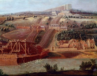 Pohled na stroj akvaduktu Marly instalovaný v Bougival Akvadukt v Louveciennes (neboli Marly) umožňoval zásobovat Versailles vodou Marlyin hrad. Detail. Obraz Pierra Denise Martina (1663-1742) Sun. 1,15x1,65 m Versailles, musee du od Pierre Denis Martin