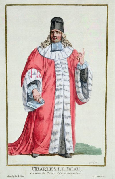 Charles le Beau (1701-78) z knihy "Receuil des Estampes, Representant les Rangs et les Dignites, suivant le Costume de toutes les Nations existantes", vydané roku 1780 (ručně kolorovaná rytina) od Pierre Duflos