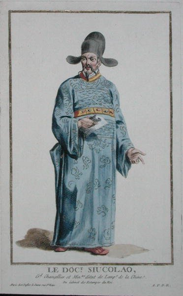 Doktor Scolau z „Recueil des Estampes, Representant les Rangs et les Dignites, podle Kostýmu všech existujících národů“, vydaného roku 1780 (ručně kolorovaná rytina) od Pierre Duflos