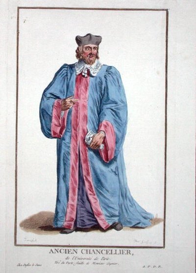 Šaty kancléře pařížské univerzity z „Receuil des Estampes, Representant les Rangs et les Dignites, podle Kostýmu všech existujících národů“, vydané 1780 (ručně kolorovaná rytina) od Pierre Duflos
