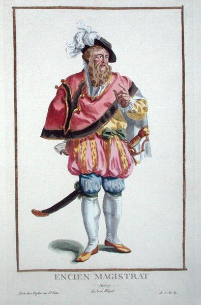 Šaty švýcarského soudce z „Receuil des Estampes, Representant les Rangs et les Dignites, podle Kostýmu všech existujících národů“, vydané 1780 (ručně kolorovaná rytina) od Pierre Duflos