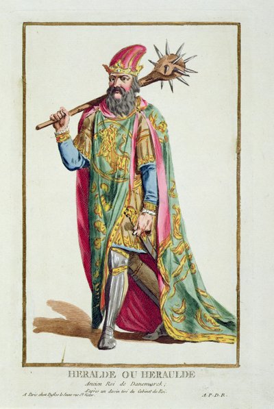 Harold, král dánský z knihy "Receuil des Estampes, Representant les Rangs et les Dignites, suivant le Costume de toutes les Nations existantes", vydané roku 1780 (ručně kolorovaná rytina) od Pierre Duflos
