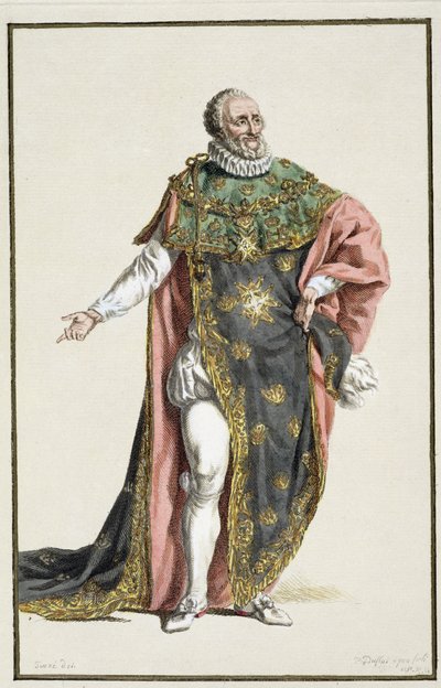 Henri IV (1553-1610) francouzský král, z Receuil des Estampes, představující hodnosti a hodnostáře, podle Kostýmu všech existujících národů, vydáno 1780 (ručně kolorovaná rytina) od Pierre Duflos