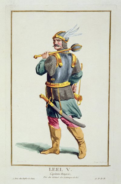 Leel V z „Recueil des Estampes, Representant les Rangs et les Dignites, podle Kostýmu všech existujících národů“, vydaného roku 1780 (ručně kolorovaná rytina) od Pierre Duflos