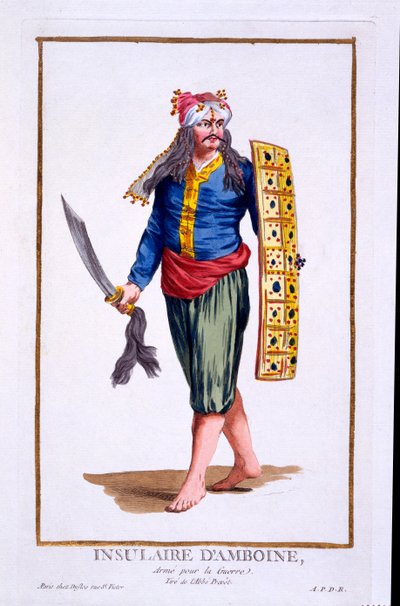Rodák z ostrova Amboine, vyzbrojený pro válku, z „Recuil des Estampes, Representant les Rangs et des Dignités, podle Kostýmu všech existujících národů“, vydaného roku 1780 (ručně kolorovaný e od Pierre Duflos