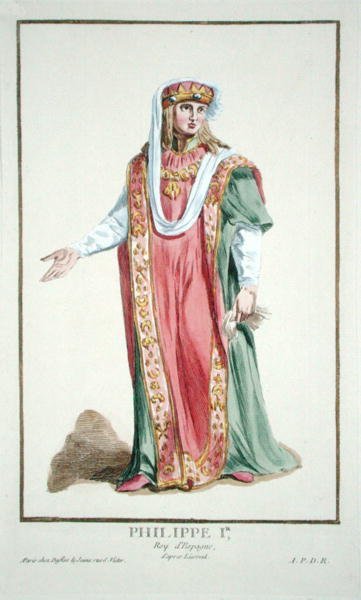 Filip I. (1478-1506) král Kastilie z „Receuil des Estampes, Representant les Rangs et les Dignites, podle Kostýmu všech existujících národů“, vydaného roku 1780 (ručně kolorovaná rytina) od Pierre Duflos