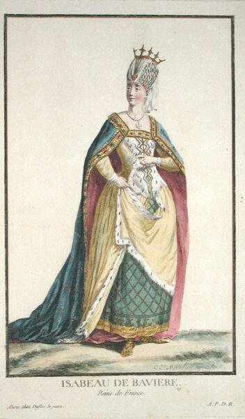 Královna Isabela Bavorská (1371-1435) z knihy "Receuil des Estampes, representant les Rangs et les Dignites, suivant le Costume de toutes les Nations existantes", vydané roku 1780 (ručně kolorovaná rytina) od Pierre Duflos