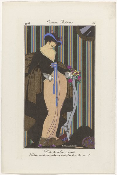 Journal of Ladies and Fashions: the Fashion Illustrators Journal of Ladies and Fashions: Fashion News Journal des Dames et des Modes, Costumes Parisiens, 1913, č. 111: Sametové šaty (...) od Pierre Emile Legrain