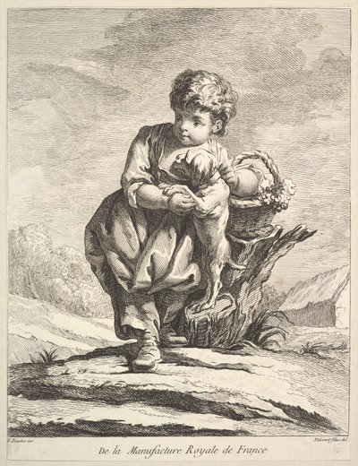 Dítě se psem, držící košík hroznů, z Premier Livre de Figures daprès les po..., 1757. od Pierre Etienne Falconet