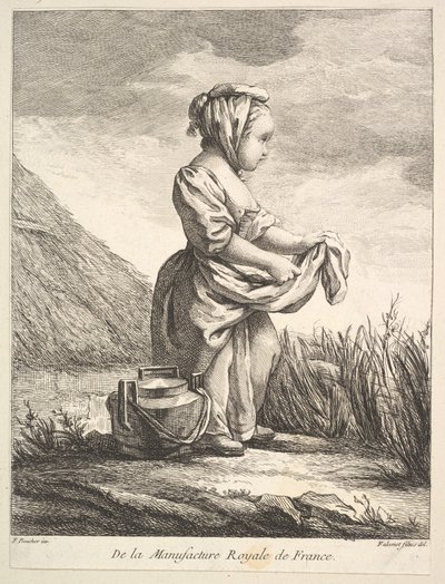 Holčička s nádobou u nohou, z Premier Livre de Figures daprès les porcelain..., 1757. od Pierre Etienne Falconet