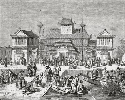 Čína, Shanghai, Shanghai Customs House, rytina od Pierre Eugene Grandsire