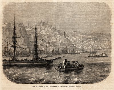 Pohled na Quebec, kresba Grandsire, pro ilustraci plaveb do Severní Ameriky v letech 1854-1855, L. Deville. Rytina v “”Le tour du monde”” 1861. Selva sbírka. od Pierre Eugene Grandsire
