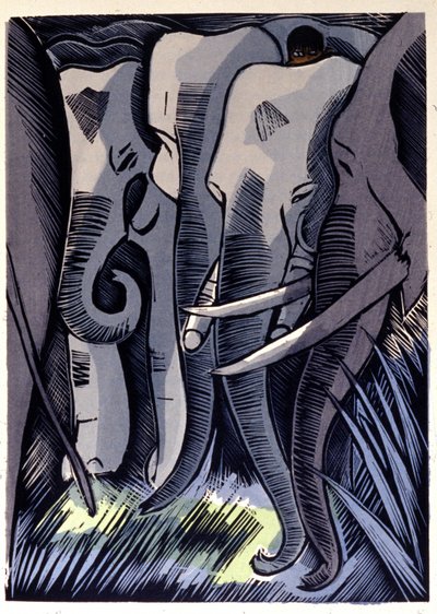 Mogli se schovává na hřbetech slonů. Rudyard Kipling „Kniha džunglí“ od Pierre Falke