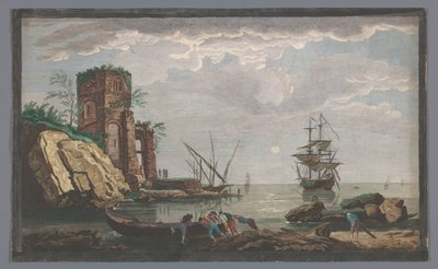 Pohled na pobřeží poblíž města Toulon v měsíčním světle Vüe ​​​​des environs de Toulon (název na objektu) od Pierre François Basan