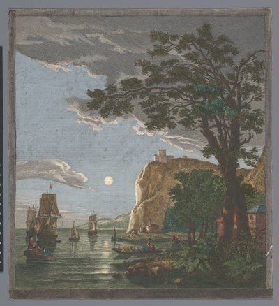 Pohled na pobřeží s loděmi a čluny na vodě za měsíčního svitu La pleine lune (název na objektu) od Pierre François Basan