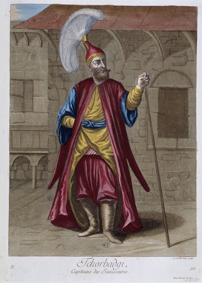 Tchorbadgi, kapitán janičářů, „“ Sbírka 100 tisků představujících různé národy Levanty v letech 1707 a 1708““ na příkaz M. de Frriola, velvyslance krále v Porte a aktualizovaná v letech 1712-13 pečlivostí z M. Le Hay, Basan en od Pierre François Basan