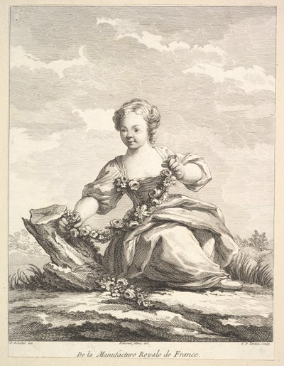Holčička držící věnec z květin, z Druhé knihy postav po..., po roce 1757. od Pierre François Tardieu